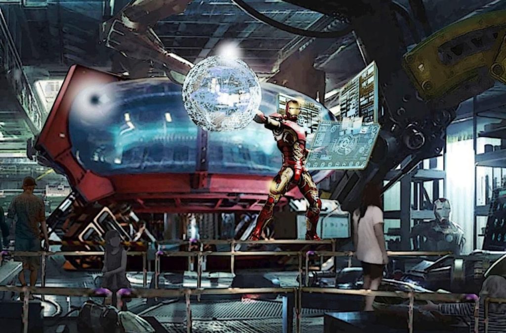 Concept art de la future attraction Iron Man, qui sera essentiellement une révision majeure du Rock 'n' Roller coaster actuel