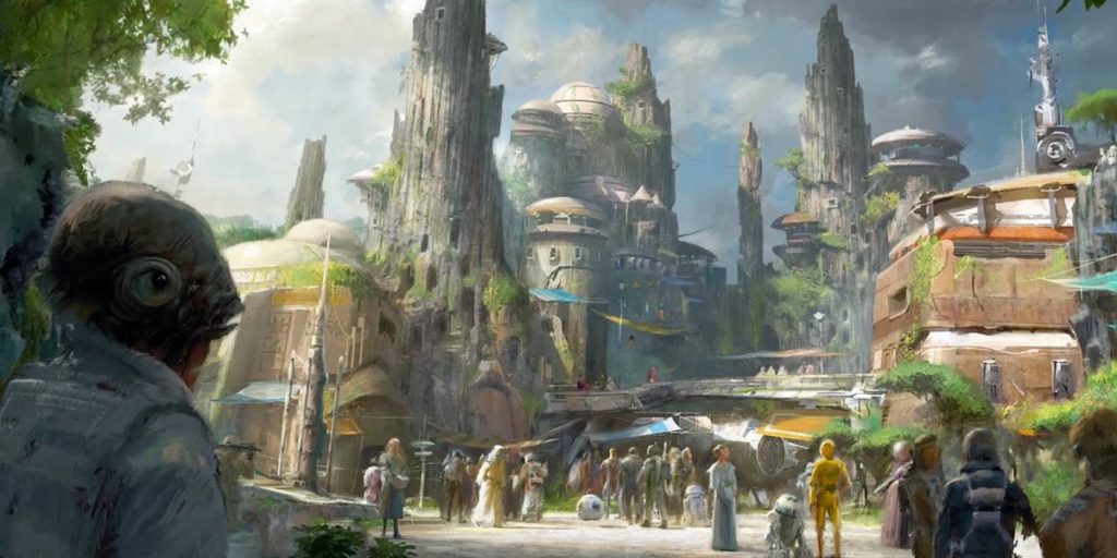 Visuel de la zone thématique Star Wars Galaxy’s Edge pour le parc Disneyland California Adventure à Annaheim au Etats-Unis